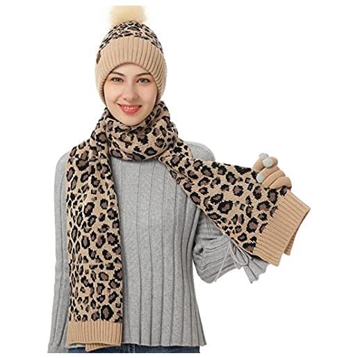 KRIPINC set regalo invernale caldo, sciarpa, cappello e guanti, con stampa leopardata classica e sciarpa in velluto, tre in uno, beige, l