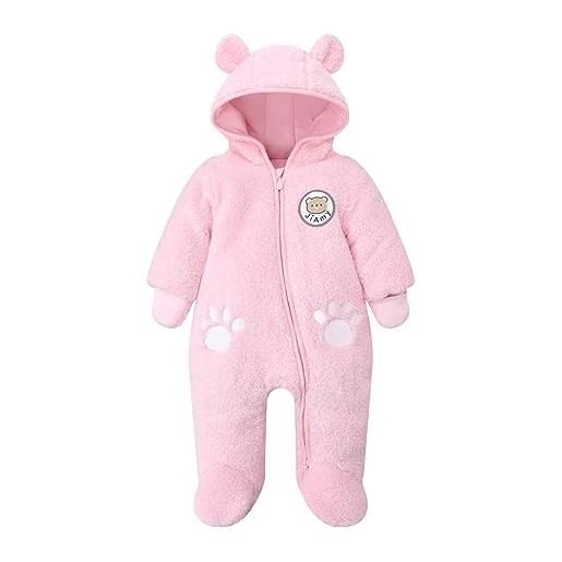 Minizone bambino pagliaccetto con cappuccio tute da neve inverno tutina in pile footed jumpsuit abbigliamento, rosa2 6-9 mesi