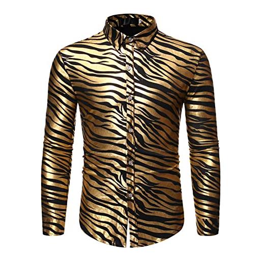Youllyuu camicie da uomo con stampa a righe zebra oro lucido a maniche lunghe slim fit party wedding smoking shirt, oro, xl