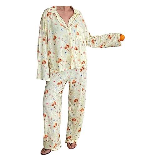 Beauace pigiama 2 pezzi primavera autunno set camicie e pantaloni abito da notte estivo con stampa fragola scollo a v colletto button down a maniche lunghe loungewear outfit (giallo, m)