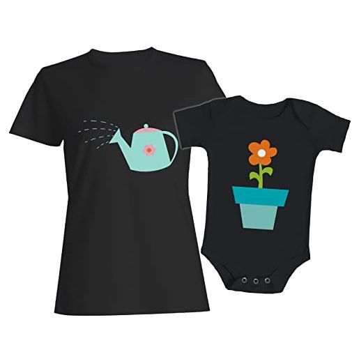 t-shirteria coppia tshirt donna e body neonato - mamma figlio - fiore - fiorellino - flower - baby - annaffiare - acqua - giardino - genitore - neo mamma - figlio - festa della mamma - idee regalo