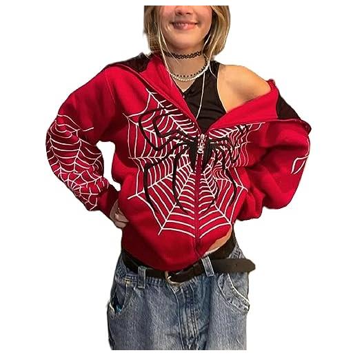 Sxkayxr felpe da donna y2k spider web vintage graphic halloween streetwear gotico harajuku oversize full zip up giacche, rosso, s