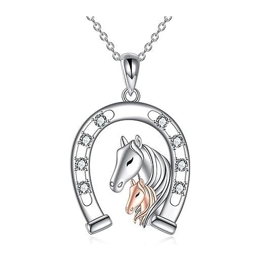 YAFEINI collana con cavallo per ragazze, in argento sterling con ciondolo a forma di ferro di cavallo, regalo per donne, ragazze, donne e amanti dei cavalli, argento sterling, zirconia cubica