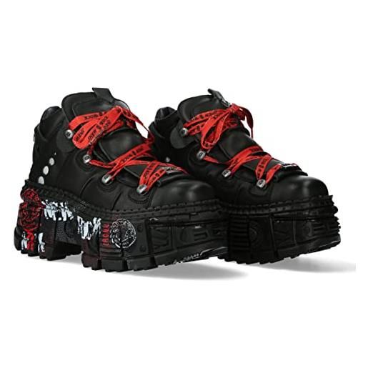 New Rock stivali unisex suola tank con lacci rossi e dettagli grafici colore nero pelle/unisex black boots leather shoelaces m. Wall106-c9, nero , 42 eu