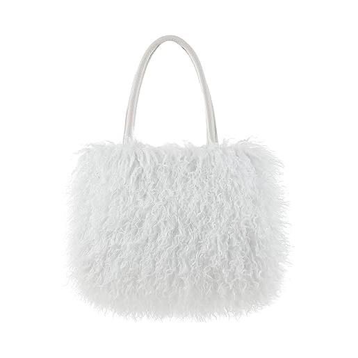 fur story borsa larga da donna in finta pelle riccia borsa a tracolla pelosa grande borsa invernale con manico superiore, bianco