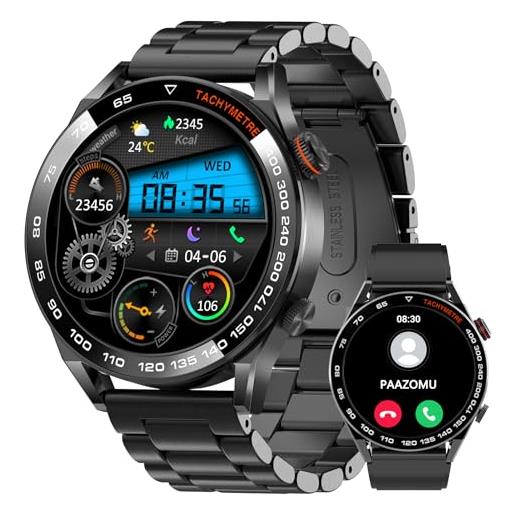 paazomu smart watch da uomo per android ios, bluetooth chiamate con cardiofrequenzimetro/monitoraggio del sonno, fitness tracker, schermo full touch da 1,46 pollici, impermeabile ip67, in acciaio inox, per