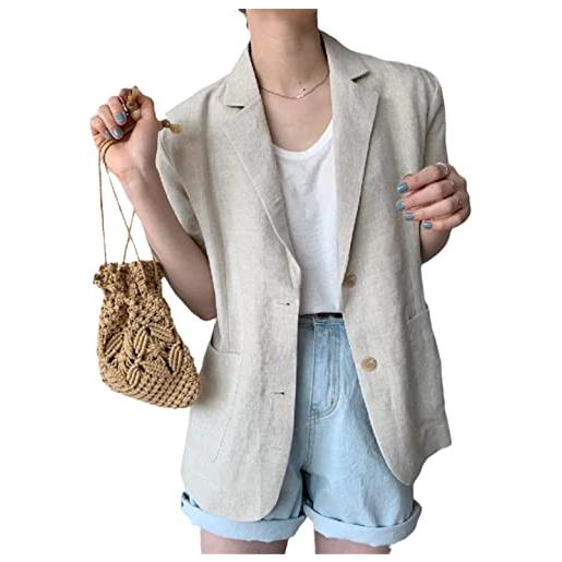 Ownwfeat blazer da donna set da donna cotone lino manica corta cappotto sciolto casual top, beige, l
