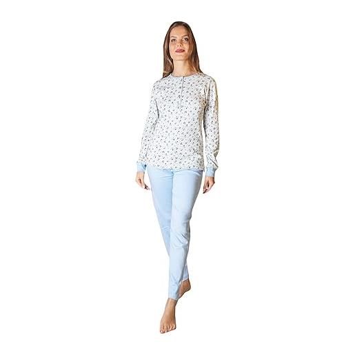 Leo Corsetteria pigiama donna 100% caldo cotone invernale serafino profondo polsini con tasca taglia 58 colore azzurro