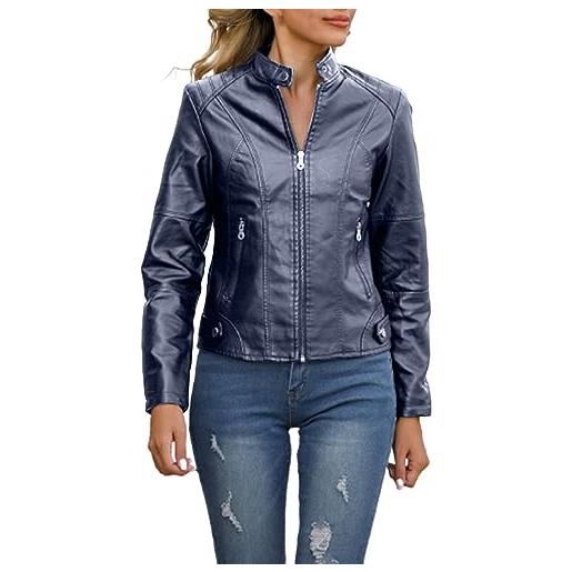 FNKDOR 2023 nuovo giacca invernale da donna giacca corta in pelle sottile da motociclista, blu marino, xxl