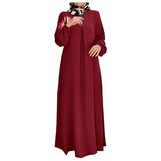 Dorjuli abiti musulmani donna festa, islamico vestito casual donna sciolto tinta unita maxi abito dubai caftano abito per ramadan, abaya islamico robe turco musulmano abiti lunghi, colore: rosso, xl