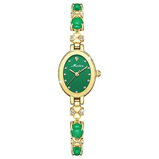 findtime elegante orologio da donna analogico al quarzo con diamanti di lusso e strass da donna con cinturino di perle verde, design in acciaio inox, per donne e ragazze, impermeabile 3 atm, gold