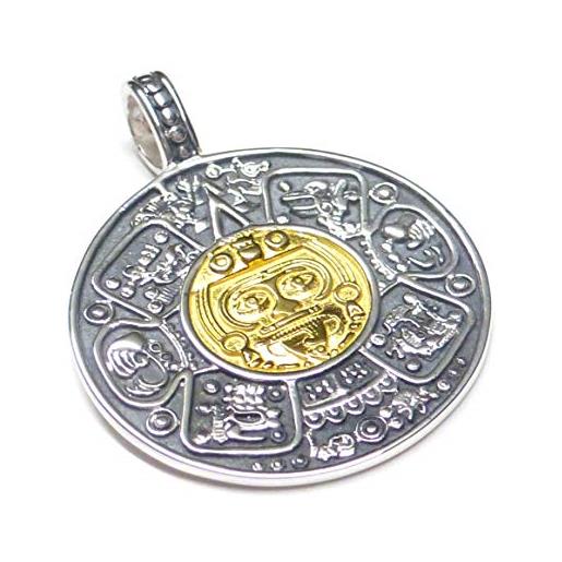 Silberschmuck - BG ciondolo in argento placcato oro, motivo: calendario maya, argento sterling placcato in oro, unisex, simbolo di protezione, argento sterling placcato oro
