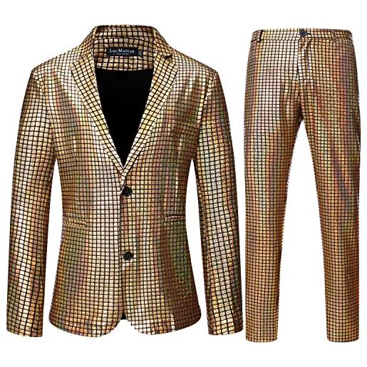 LucMatton set da discoteca da uomo in 2 pezzi con giacca e pantaloni lucidi con paillettes, oro, l