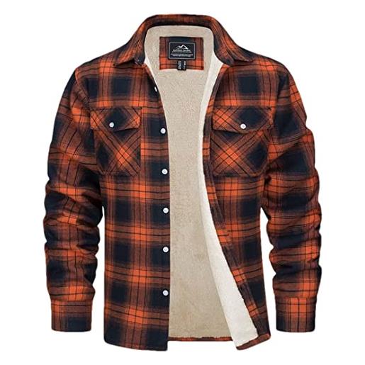 Alloaone men's fleece plaid flannel shirt jacket button jacket thicken warm winter work coat f10-orange m