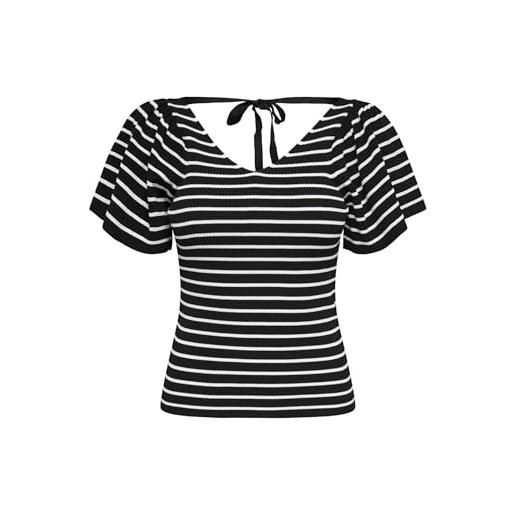 Only onlleelo stripe ss back v-neck knt noos t-shirt, nero/strisce: cloud dancer, s donna