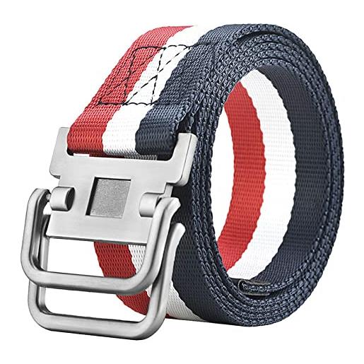 FOOOZ cintura in tela con doppia fibbia cinture per addestramento militare da uomo cintura con fibbia in metallo per esterni moda, rosso bianco blu, 125 cm