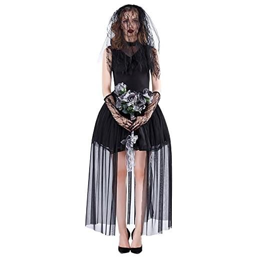 yiouyisheng costume da sposa fantasma, vestito da donna con velo gotico vampiro, abito da sposa da strega, cosplay, costume da carnevale horror abito da sposa zombie cosplay outift, a04 nero, m