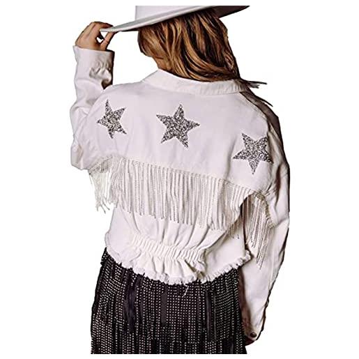 LIXQQS giacca da donna corta con frange di strass giacca da cowgirl giacca a maniche lunghe giacca di jeans con frange cappotto di jeans (color: white, size: s)