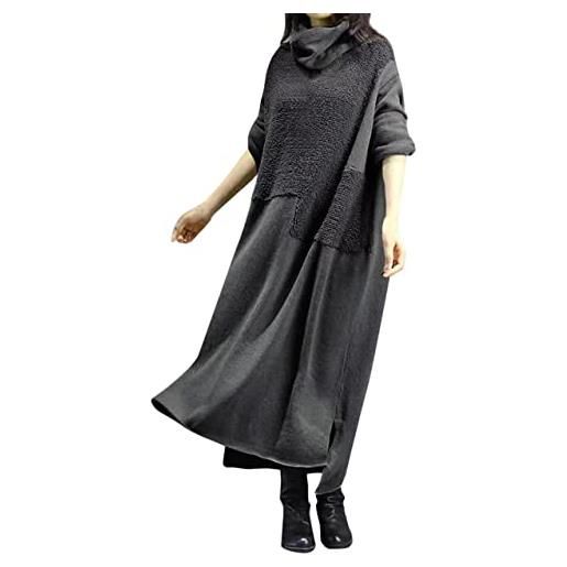 ORANDESIGNE pullover vestito donna elegante collo alto abito invernale vestiti casual patchwork di peluche retro midi abiti larghi fessura pullover a manica lunga caldo autunno a grigio l