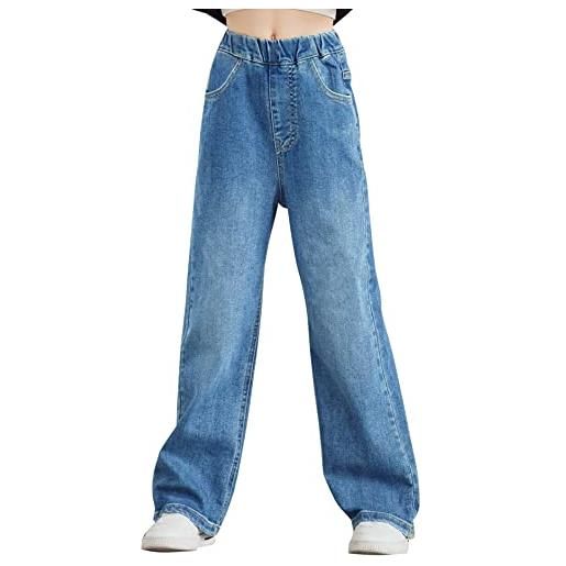 Happy Cherry - jeans dritto per bambina ragazza pantaloni in denim straight cotone con elastico in vita jeans comodi ragazze per estate primavera autunno -11-12 anni - blu