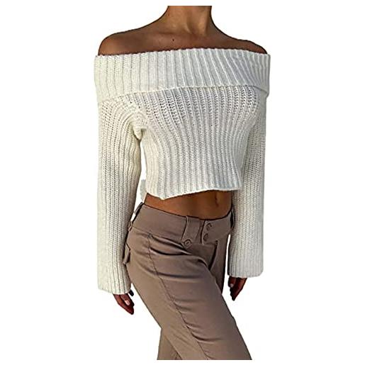 Dubute maglione oversize da donna con spalle scoperte pullover maglioni a maglia a righe grosse, bianco, s