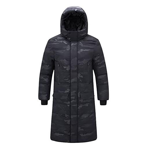 Cubinest giacca invernale da uomo, lunga con cappuccio, colore nero, chiusura lampo, piumino da escursionismo, calda, per le mezze stagioni, lunga transizione, leggera, mimetico, xxl