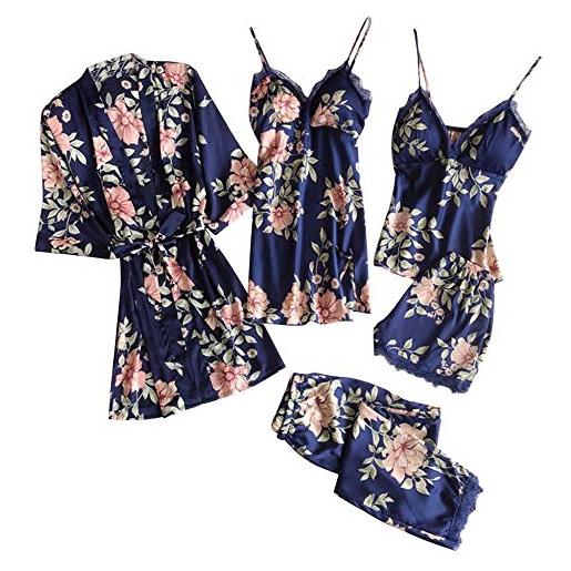 whcct pigiama da donna in 5 pezzi set pigiama in seta con stampa floreale in pigiama di seta satinata