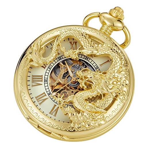 Tiong vintage hollow meccanico inciso drago orologio da tasca unico steampunk numeri romani orologi da tasca compleanno festa del papà, 27 oro, classico