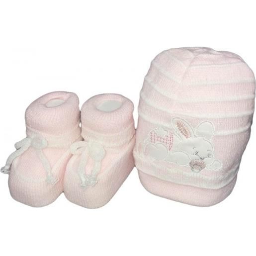 BABY DISTRIBUTION set 2pz cappello cappellino scarpine lana la rocca bimbo neonato ricamato bianco rosa tu