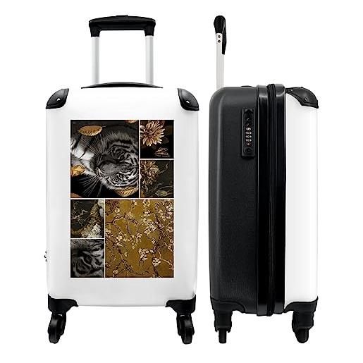 NoBoringSuitcases.com® valigia trolley bagaglio a mano valigia piccola con 4 ruote - tigre - mandorlo in fiore - oro - collage - fiori - trolley da viaggio