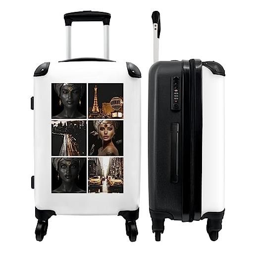 NoBoringSuitcases.com® valigia grande - donna - collage - oro - architettura - auto - chiusura a combinazione tsa - trolley rigido 4 ruote - 90 litri - valigia da viaggio - 66 cm