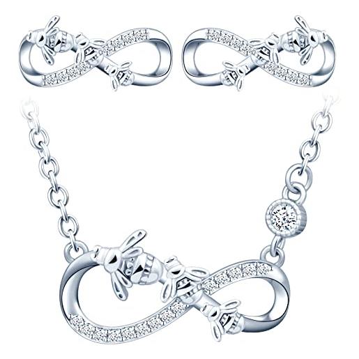 CPSLOVE collane e orecchini con simbolo dell'infinito da donna, set di gioielli in argento 925, elegante collana piccola ape, con catena da 46cm, orecchini carina piccola ape, zircone intarsiato