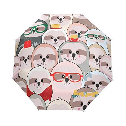 QMIN - ombrello pieghevole per auto, con simpatici animali da bradipo antivento, anti-uv, protezione da viaggio, compatto, per donne, uomini e ragazze