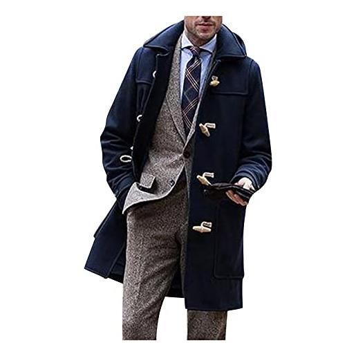 Generic 2023 nuovo - cappotti con cappuccio in lana di media lunghezza invernali da uomo tinta unita a maniche lunghe colletto rovesciato con bottoni in corno giacca da uomo, blu scuro, xxxl