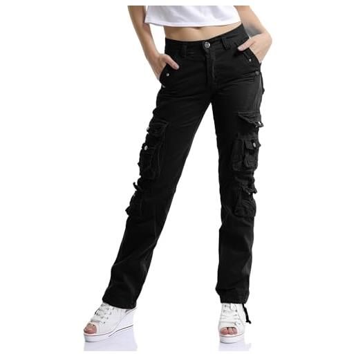 Aeslech pantaloni cargo da donna, da lavoro, da combattimento, gamba dritta, casual, con tasche, a nero, 38