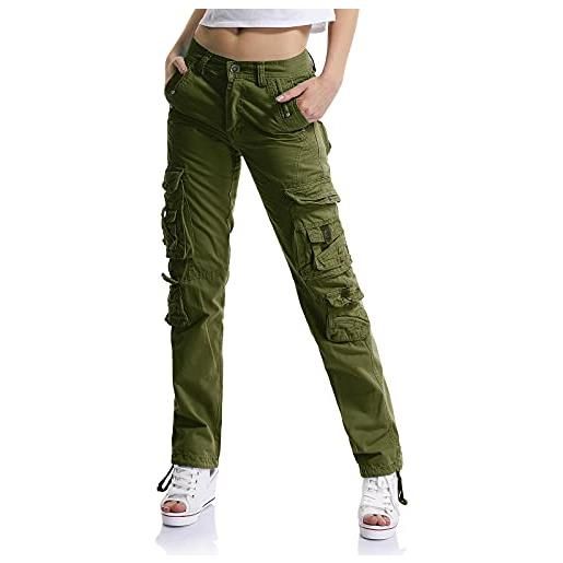 Aeslech pantaloni cargo da donna, da lavoro, da combattimento, gamba dritta, casual, con tasche, verde militare, 34