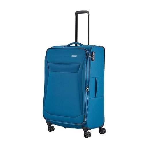 travelite valigia a 4 ruote taglia l soft shell, serie di valigie chios con piega ad espansione + protezione bordi, trolley in look senza tempo, 78 cm, 90-97 l, blu (petrol)