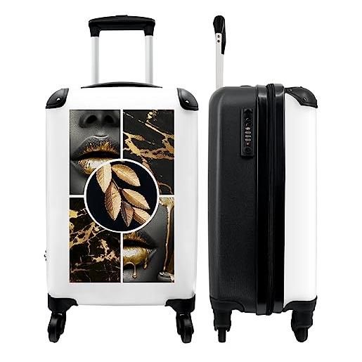 NoBoringSuitcases.com® valigia trolley bagaglio a mano valigie piccole con 4 ruote - oro - effetto marmo - labbra - foglie - colore - bagaglio da viaggio