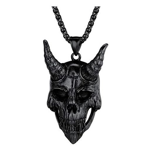 PROSTEEL uomo collana pendente gotico cranio teschio tengu diablo halloween, catena regolabile, acciaio inox, stile punk, nero (con confezione)