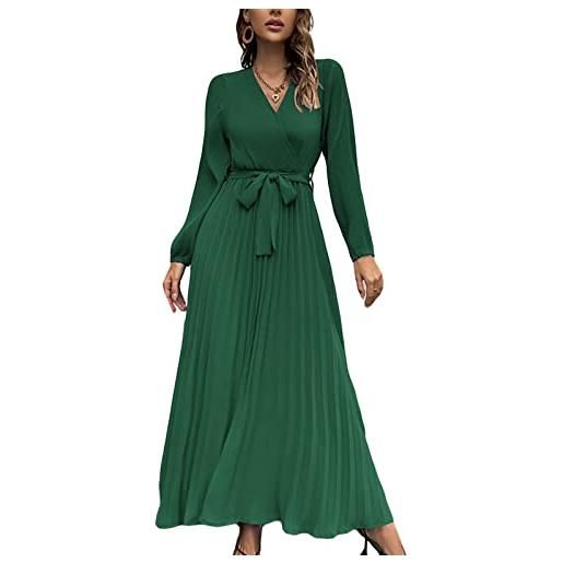 Greensen abito lungo da donna con scollo a v abito a maniche lunghe a pieghe con gonna a pieghe abito manica a lanterna sciolto casual in tinta unita con cintura(l-verde)