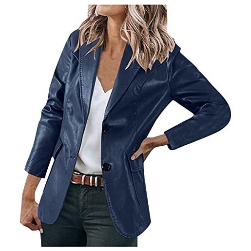 Komiseup blazer - tuta da donna a maniche lunghe, casual, slim fit, monopetto, colletto in pelle, blazer, blu marino, s