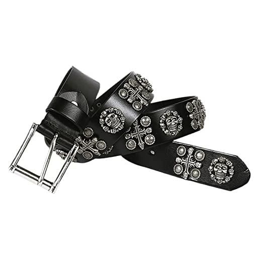 HYQPAI rivetto a croce con teschio cintura con borchie goth pyramid square bead in pelle di vacchetta vintage punk rock in cinture per pantaloni jeans(color: black, size: 115)