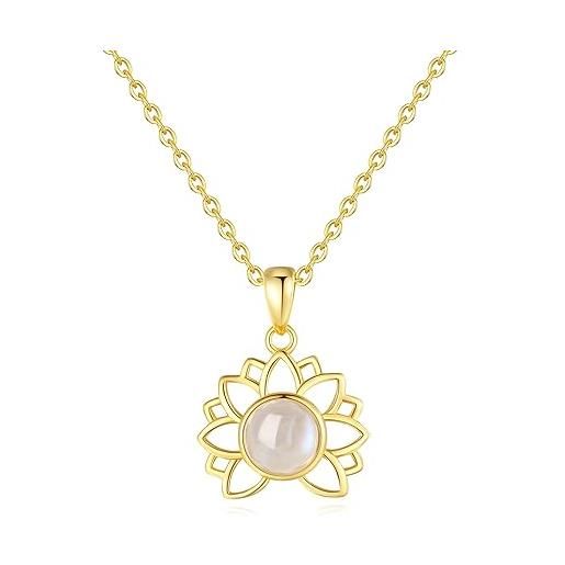 COAI collana da donna in argento placcato oro e pietre semipreziose con ciondolo fiore di loto di pietra di luna