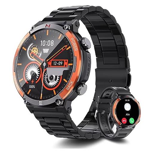 TIFOZEN smartwatch orologio uomo con chiamate/1,52 quadrante in vetro gorilla/bussola/impermeabile ip68/cardiofrequenzimetro spo2 sonno/110+ modalità sportive/2 cinturino, per ios/android (arancia)