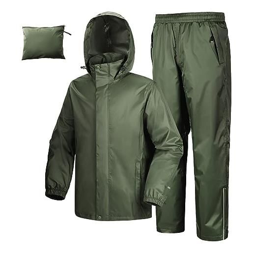 33,000ft tuta antipioggia da uomo riflettente leggero impermeabile + pantaloni antipioggia set traspirante per pesca escursionismo, verde militare, xl