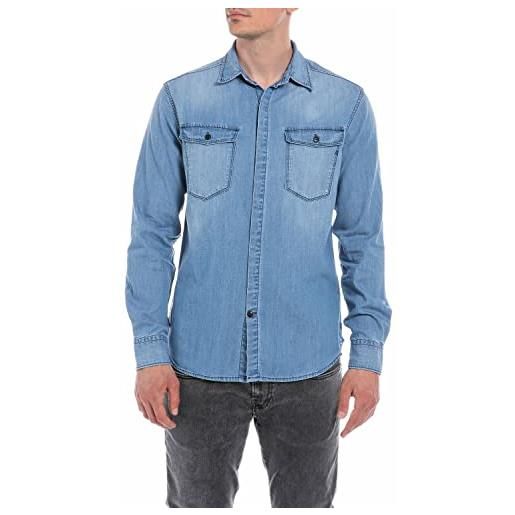 REPLAY camicia in jeans uomo manica lunga in cotone, blu (medium blue 009), xl