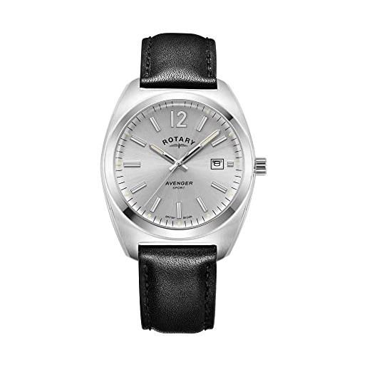 Rotary orologio quarzo uomo, misura cassa 38.50mm con quadrante argento analogico e cinturino nero in cinturino in pelle gs05480/59