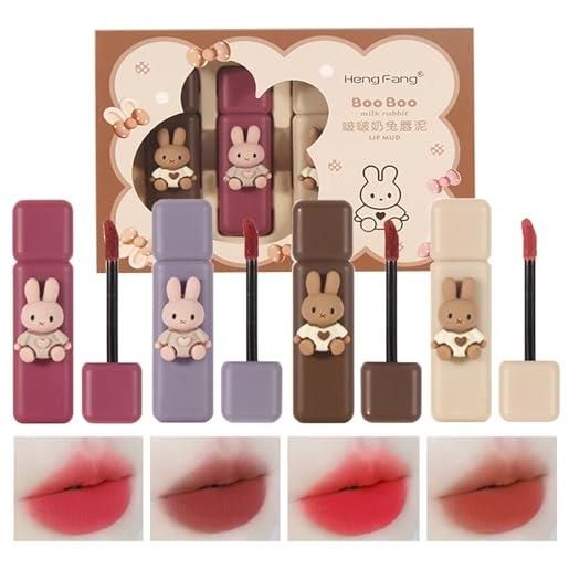 Domality 4pcs bunny rabbit package lip gloss set, 4 colori matte velvet mousse liquid lipstick, long lasting waterproof lip makeup kit con confezione regalo