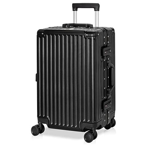 AnyZip valigia bagaglio a mano pc abs leggero alluminio trolley rigido con serratura tsa e 4 ruote, senza cerniera(nero, m)