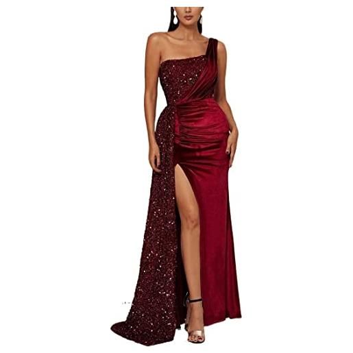 LBHT vestito da sera sexy elegante dei sequins della un-spalla delle donne 2023 lusso formale senza schienale maxi abito da cocktail lungo con spacco da ballo (color: wine red, size: m)